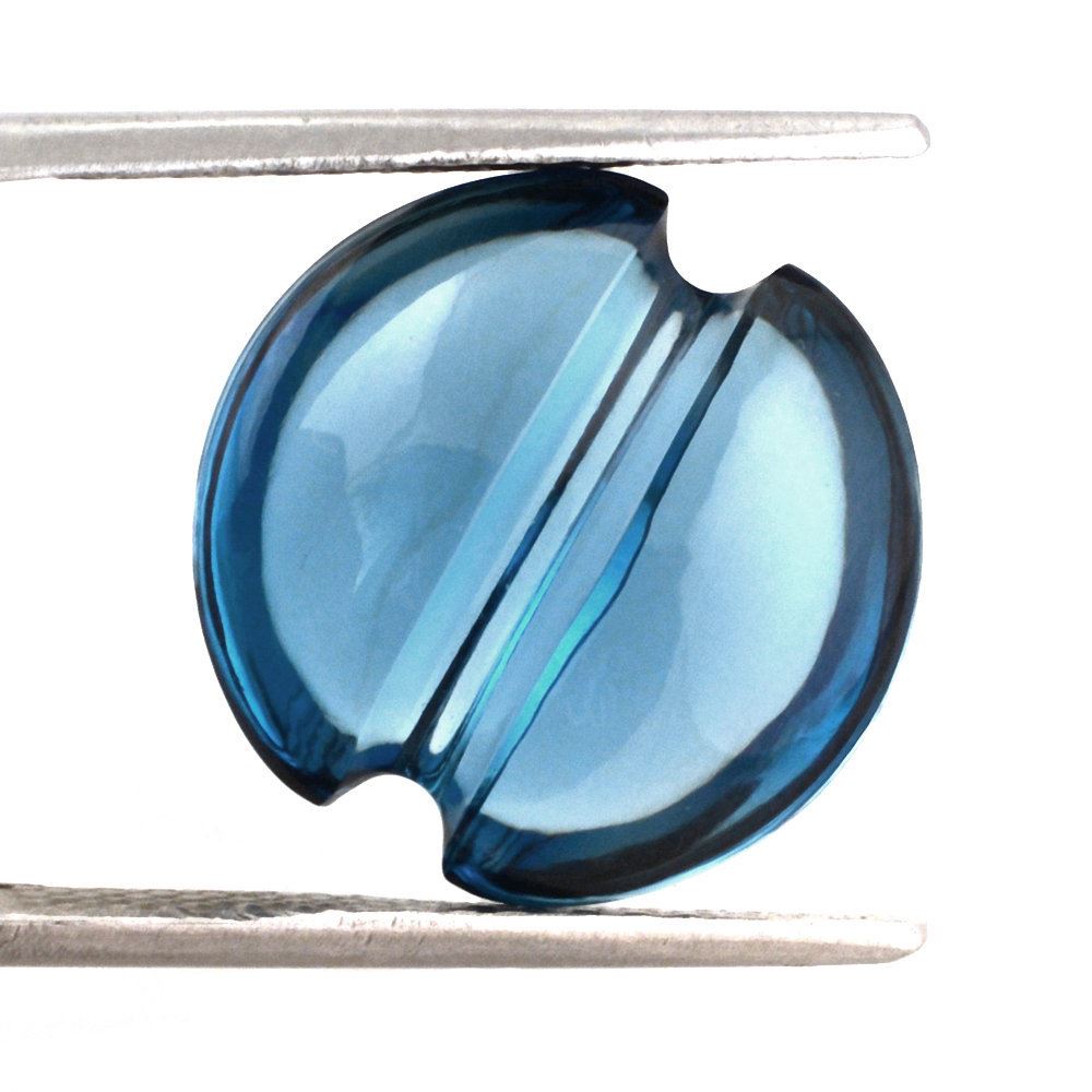 LONDON BLUE TOPAZ LENTIL ROUND WITH CARVED BELT (DES#25) 15MM 11.45 Cts.